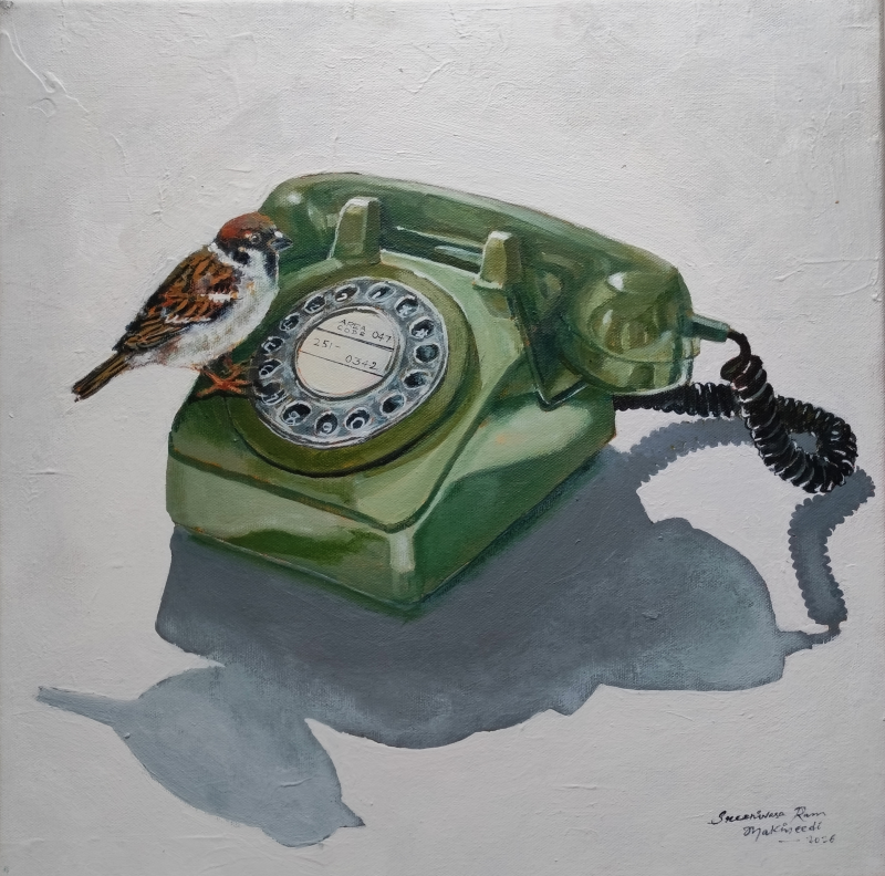 The Missed Call 5' still-life acrylic painting by artist Srinivasa Ram Makineedi, 18x18 inch, on canvas