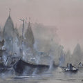 Landscape watercolor painting titled 'Misty Banaras Ghats', 21x15 inches, by artist Mrutyunjaya Dash on paper