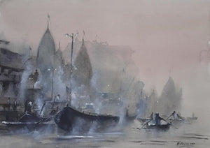 Landscape watercolor painting titled 'Misty Banaras Ghats', 21x15 inches, by artist Mrutyunjaya Dash on paper