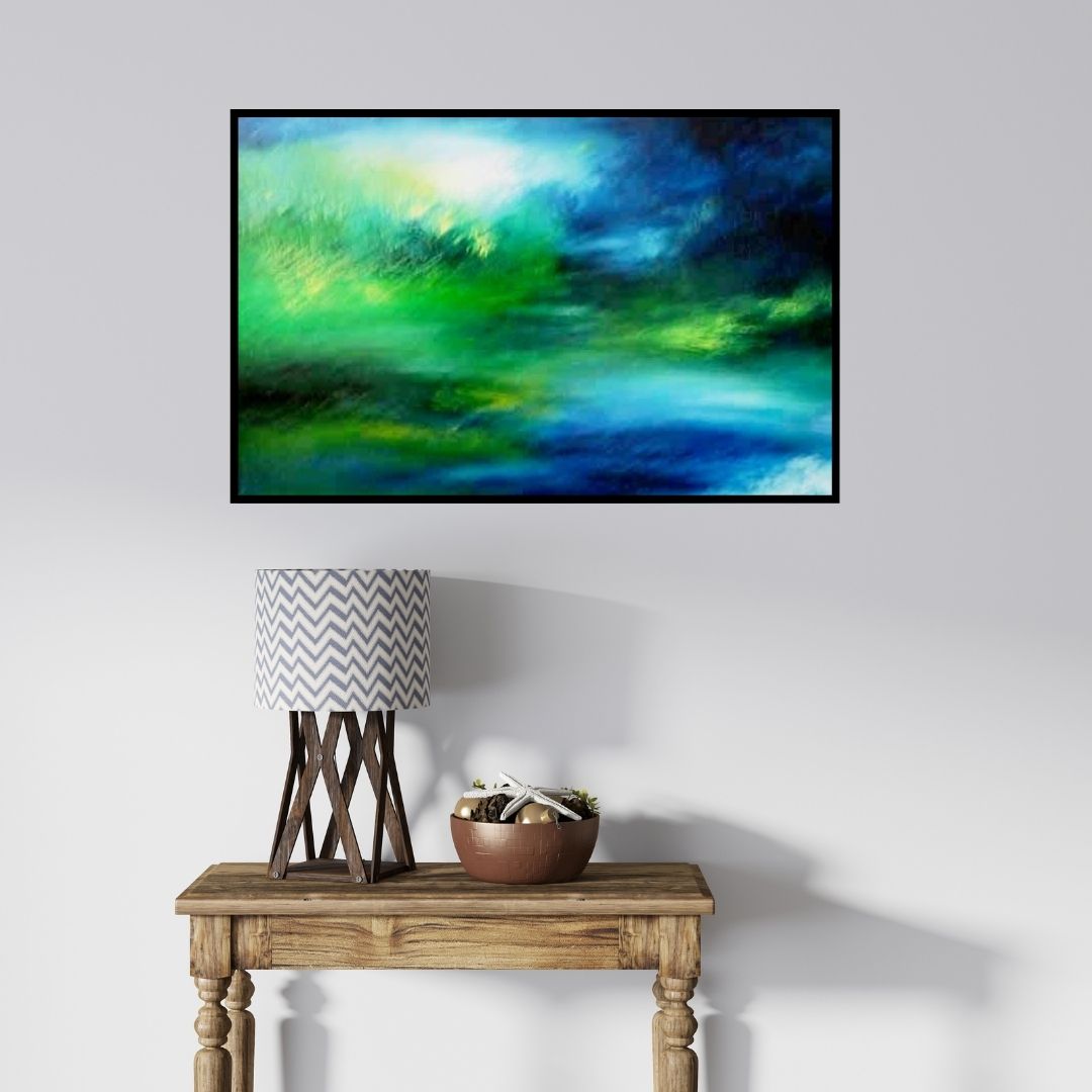 In-situ view of Shuchi Khanna's 'Misty Blue' painting in a room