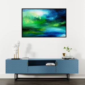 Preview of 'Misty Blue' Painting by Shuchi Khanna shown on a wall in a furnished room.
