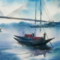 Seascape watercolor painting titled 'Misty Morning', 18x13 inches, by artist Gulshan Achari on Paper