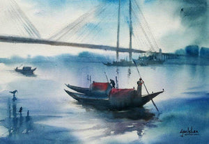 Misty Morning (Howrah Bridge Boats) by Gulshan Achari, Original Watercolor Seascape Painting on Paper, Small Horizontal Wall Art