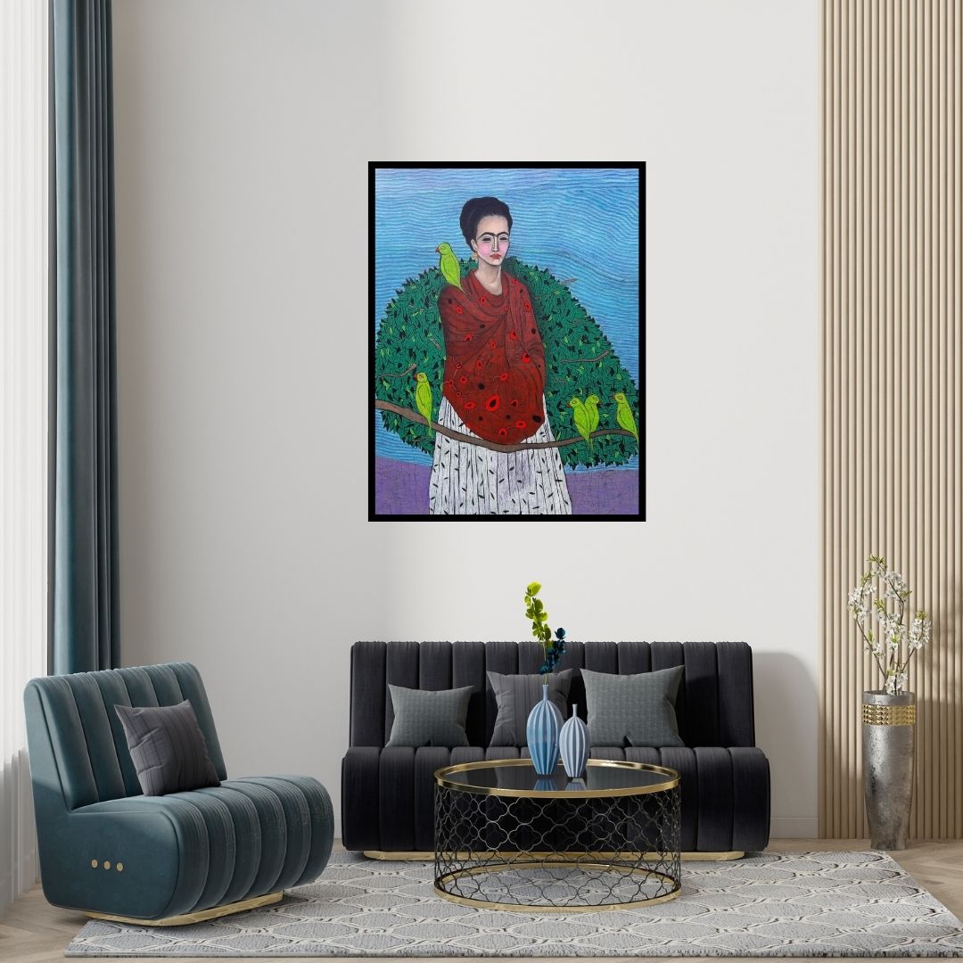 Preview of 'Mitthu Mitthu Tota (Serene Portrait with Verdant Companions)' Painting by Himanshu Lodwal shown on a wall in a furnished room.
