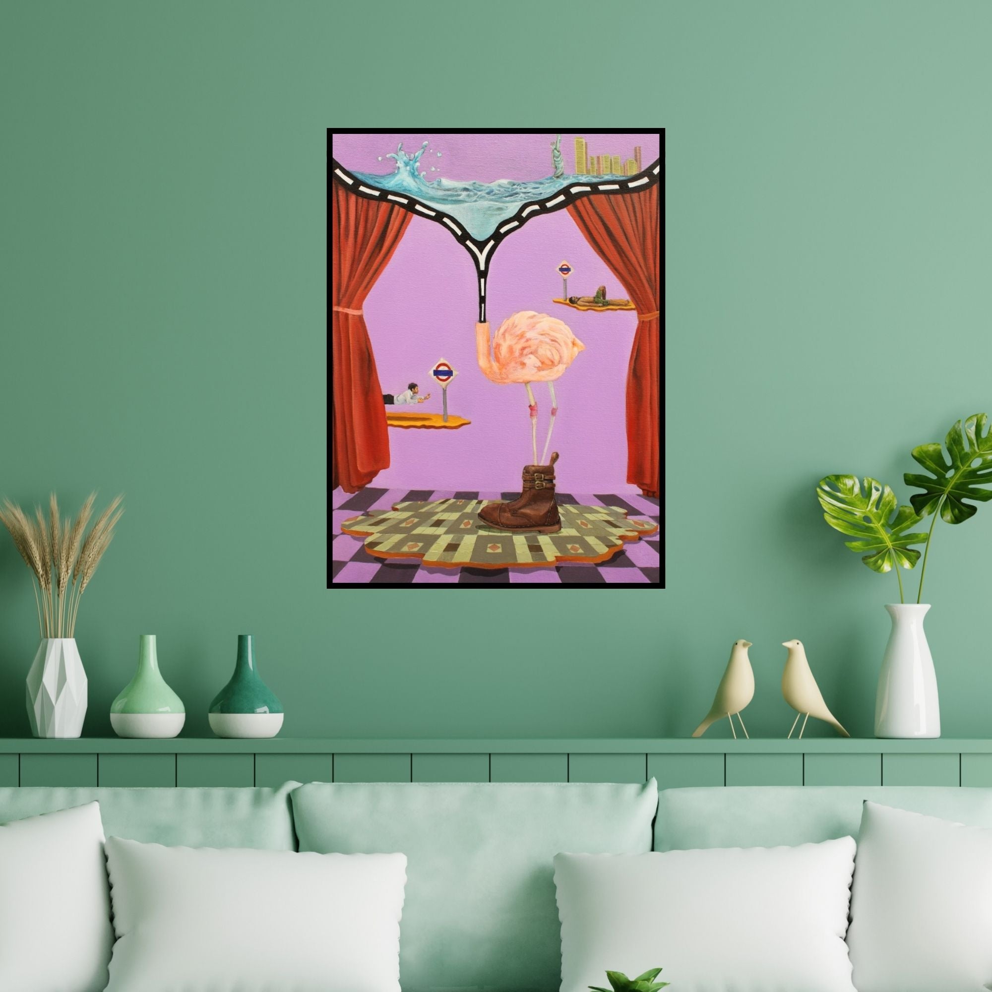 Preview of 'Mix Landscape' Painting by Ankur Singla shown on a wall in a furnished room.