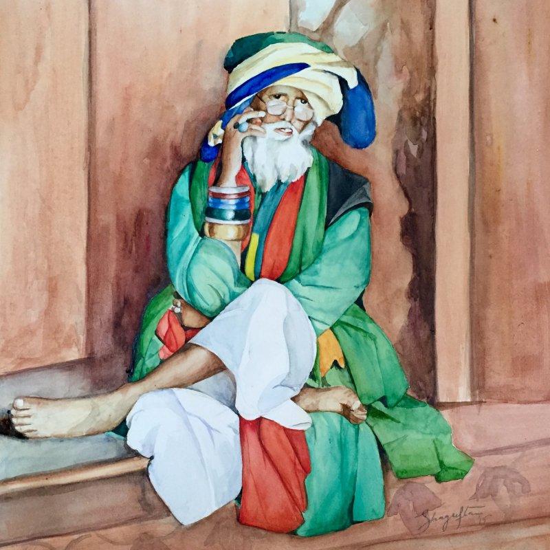 Figurative watercolor painting titled 'Mobile Baba', 27x21 inches, by artist Shagufta Mehdi on Paper