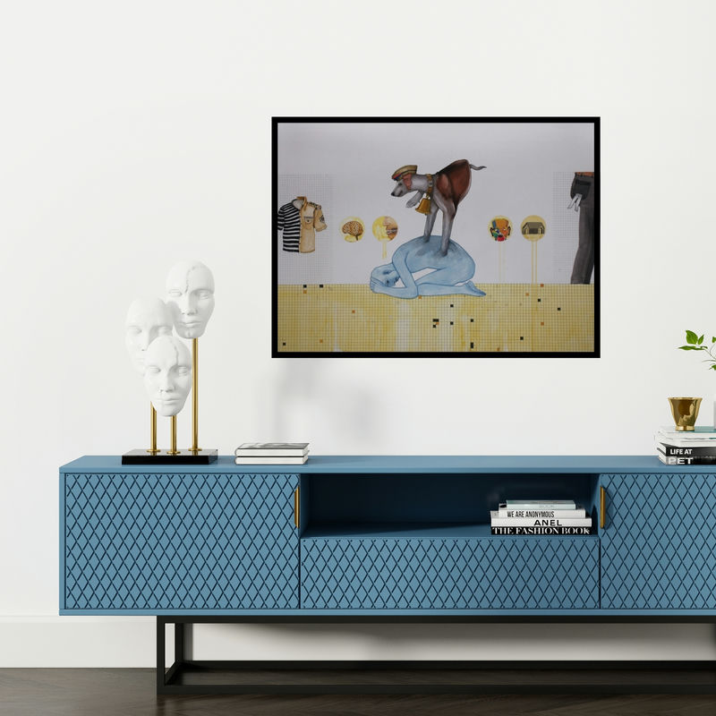 Preview of 'Mobile Mind D (The Burden of Authority)' Painting by Nandkishor Saindane shown on a wall in a furnished room.