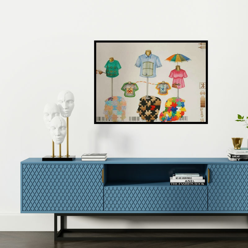 Preview of 'Mobile Mind A (The Connected Mind)' Painting by Nandkishor Saindane shown on a wall in a furnished room.