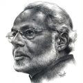 Portrait pencil drawing titled 'Modi', 11x8 inches, by artist Pranab Das on Paper