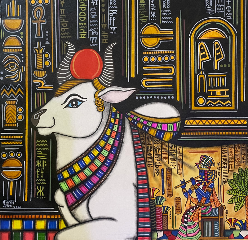 Mohan' religious acrylic painting by artist Mrinal Dutt, 32x35 inch, on canvas