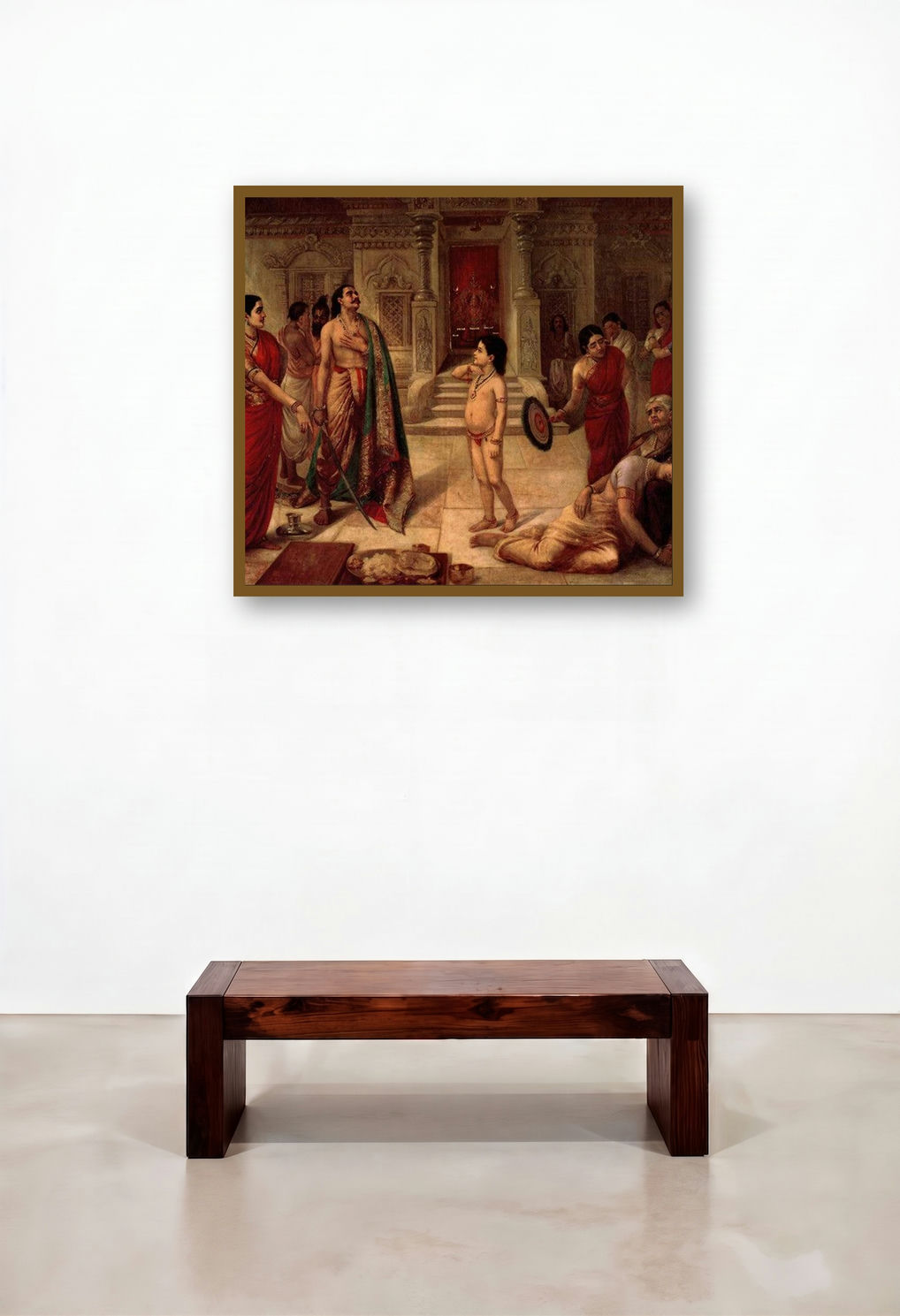 Mohini Rukhmangadha (The Enchantress and the King) by artist Raja Ravi Varma displayed in a Mid-Century Modern Foyer