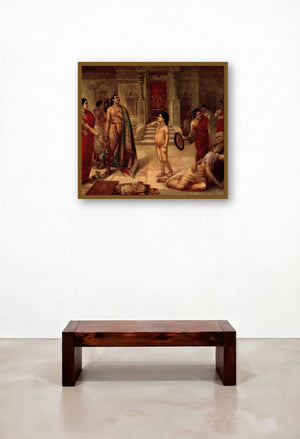 Mohini Rukhmangadha (The Enchantress and the King) by artist Raja Ravi Varma displayed in a Mid-Century Modern Foyer