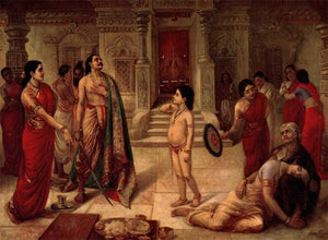 Mohini Rukhmangadha (The Enchantress and the King) by Raja Ravi Varma, Print Oil Figurative Painting on Canvas, X-Small Horizontal Wall Art