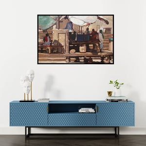 Preview of 'Moment Banaras' Painting by Sachin Sawant shown on a wall in a furnished room.