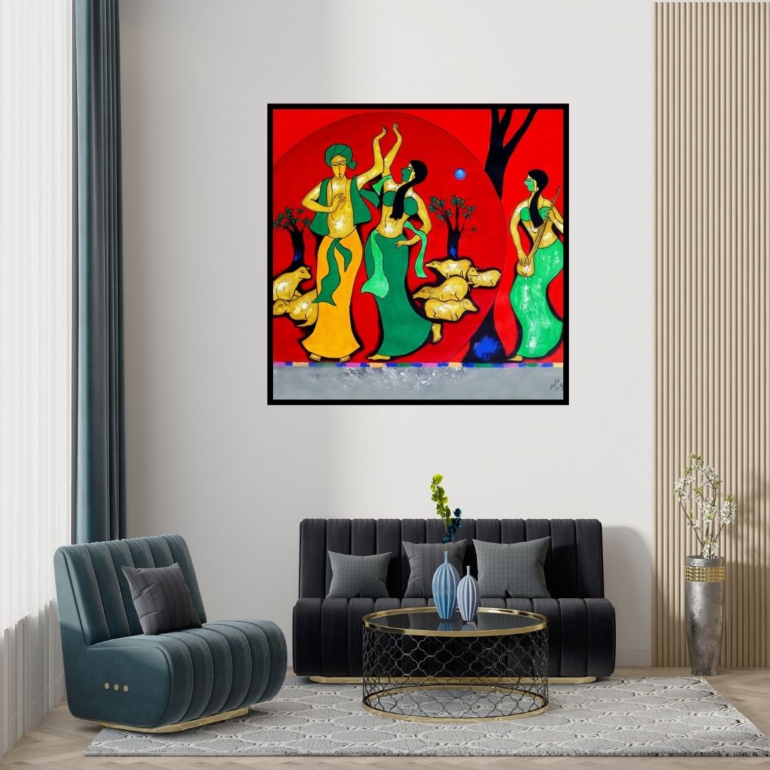 Preview of 'Moment Of Love' Painting by Chetan Katigar shown on a wall in a furnished room.