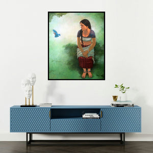 Mousumi Pal Majumdar's 'Moments' painting visualized above a sofa in a contemporary room.