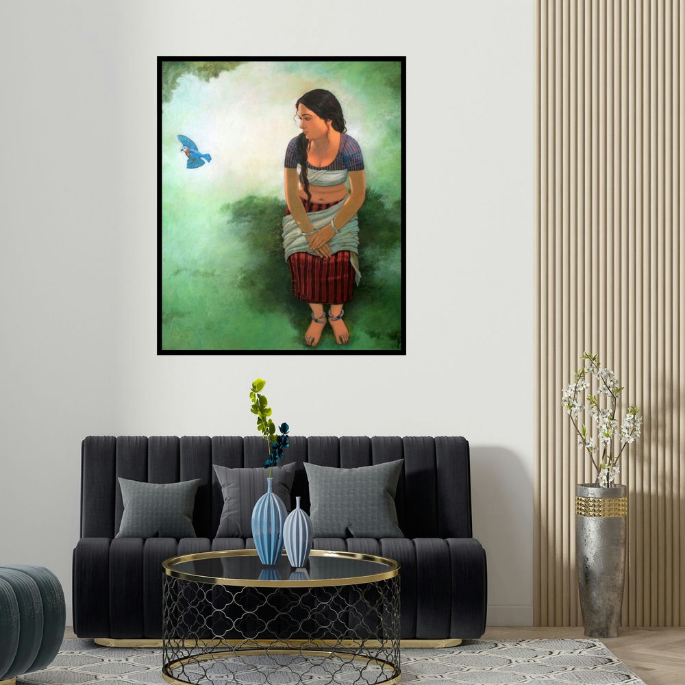 'Moments' painting by Mousumi Pal Majumdar shown on a wall in a furnished room.