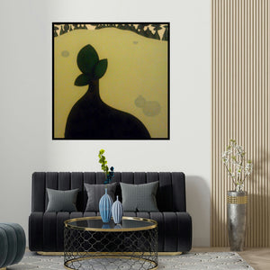 Pravin Shinde's 'Money Plant 1 (The Lone Tree)' painting visualized above a sofa in a contemporary room.
