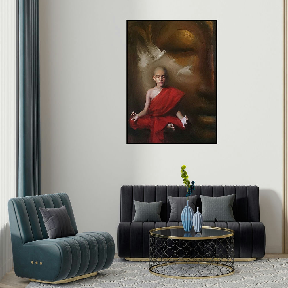 'Monk' painting by Pramod Kurlekar shown on a wall in a furnished room.