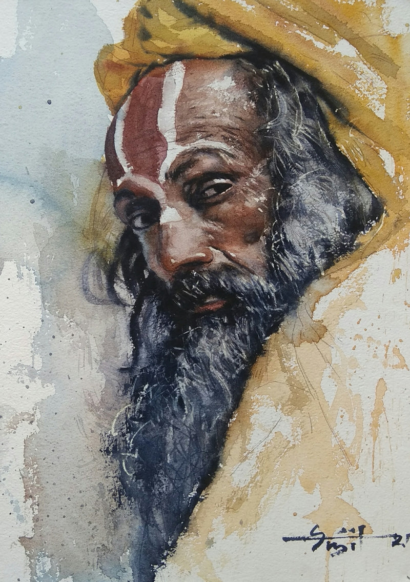 A Monk' religious watercolor painting by artist Das Sujith, 15x11 inch, on paper