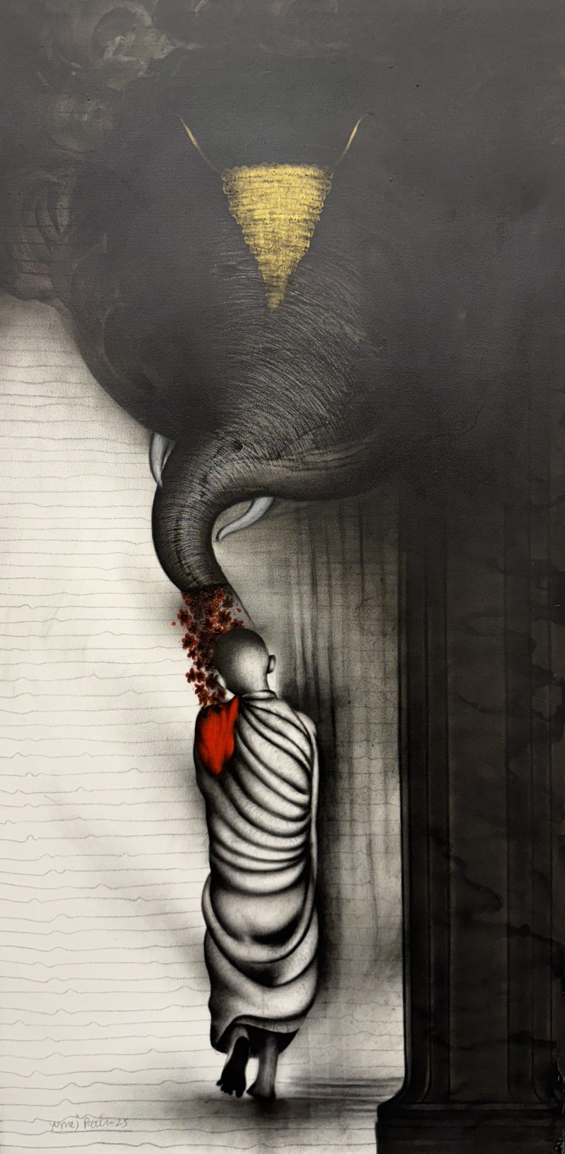 Monk' religious charcoal painting by artist Yuvraj Patil, 36x18 inch, on canvas