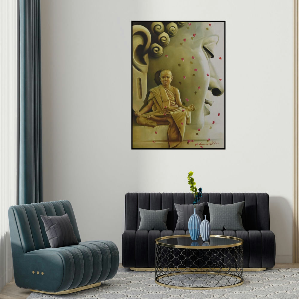 Kamal Rao's 'The Monk And The Master' painting visualized above a sofa in a contemporary room.