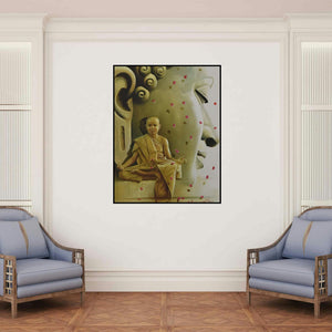 'The Monk And The Master' painting by Kamal Rao shown on a wall in a furnished room.