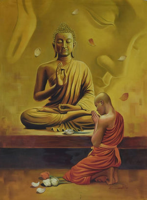 Religious oil painting titled 'Monk and the Master', 52x36 inches, by artist Kamal Rao on Canvas