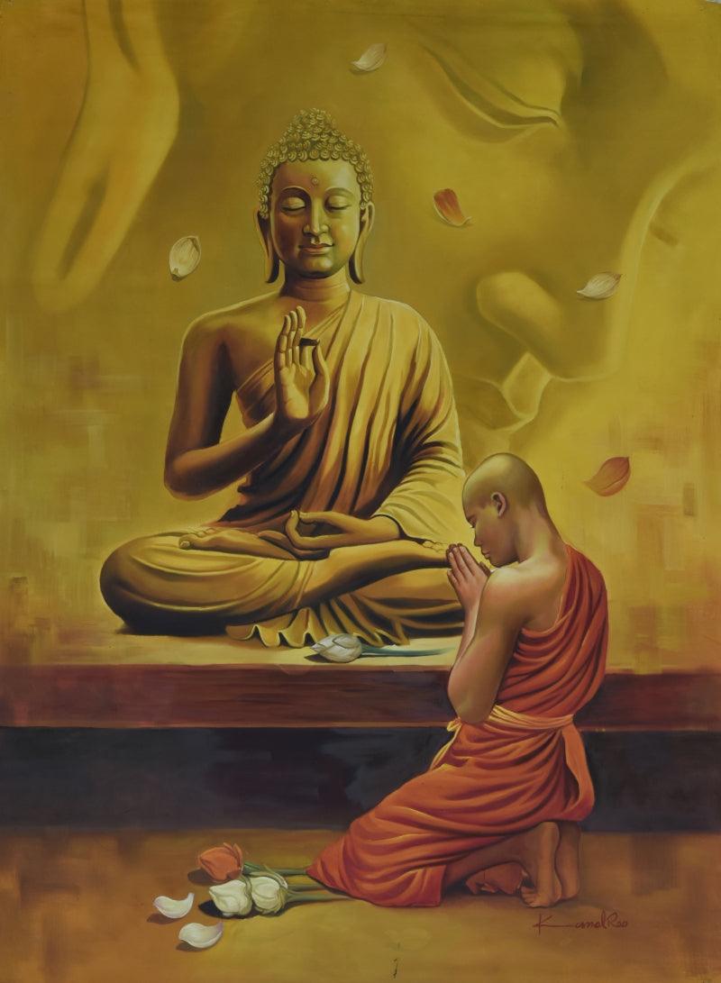 Religious oil painting titled 'Monk and the Master', 52x36 inches, by artist Kamal Rao on Canvas