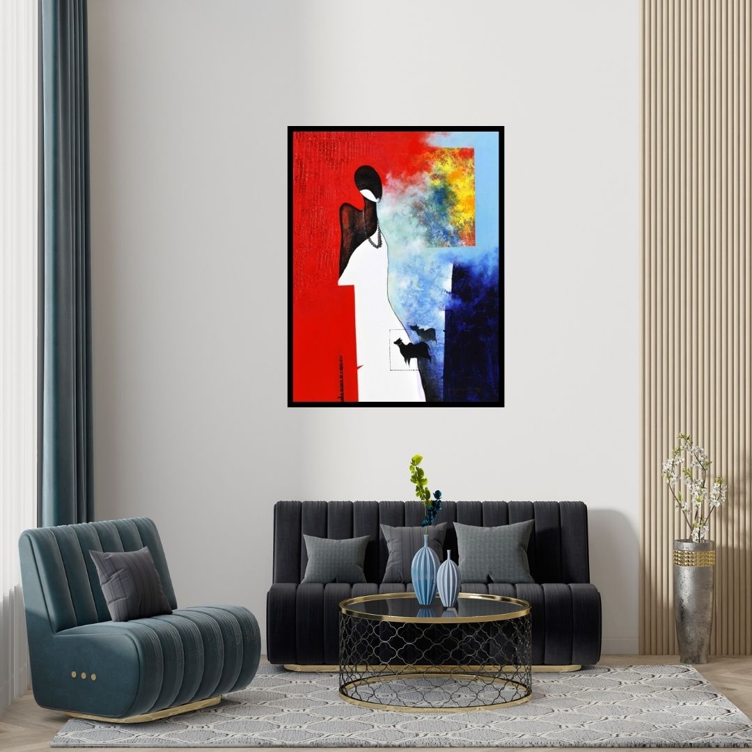 Preview of 'The Monk Ii (Serenitys Echo: A Moment of Reflection)' Painting by Narayan Shelke shown on a wall in a furnished room.