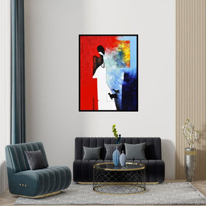 Preview of 'The Monk Ii (Serenitys Echo: A Moment of Reflection)' Painting by Narayan Shelke shown on a wall in a furnished room.