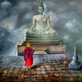 Religious acrylic painting titled 'Monk Of Buddhism Child', 36x48 inches, by artist Arjun Das on Canvas