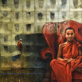 Figurative acrylic oil painting titled 'Monk On The Chair', 36x74 inches, by artist Sanjib Gogoi on Canvas