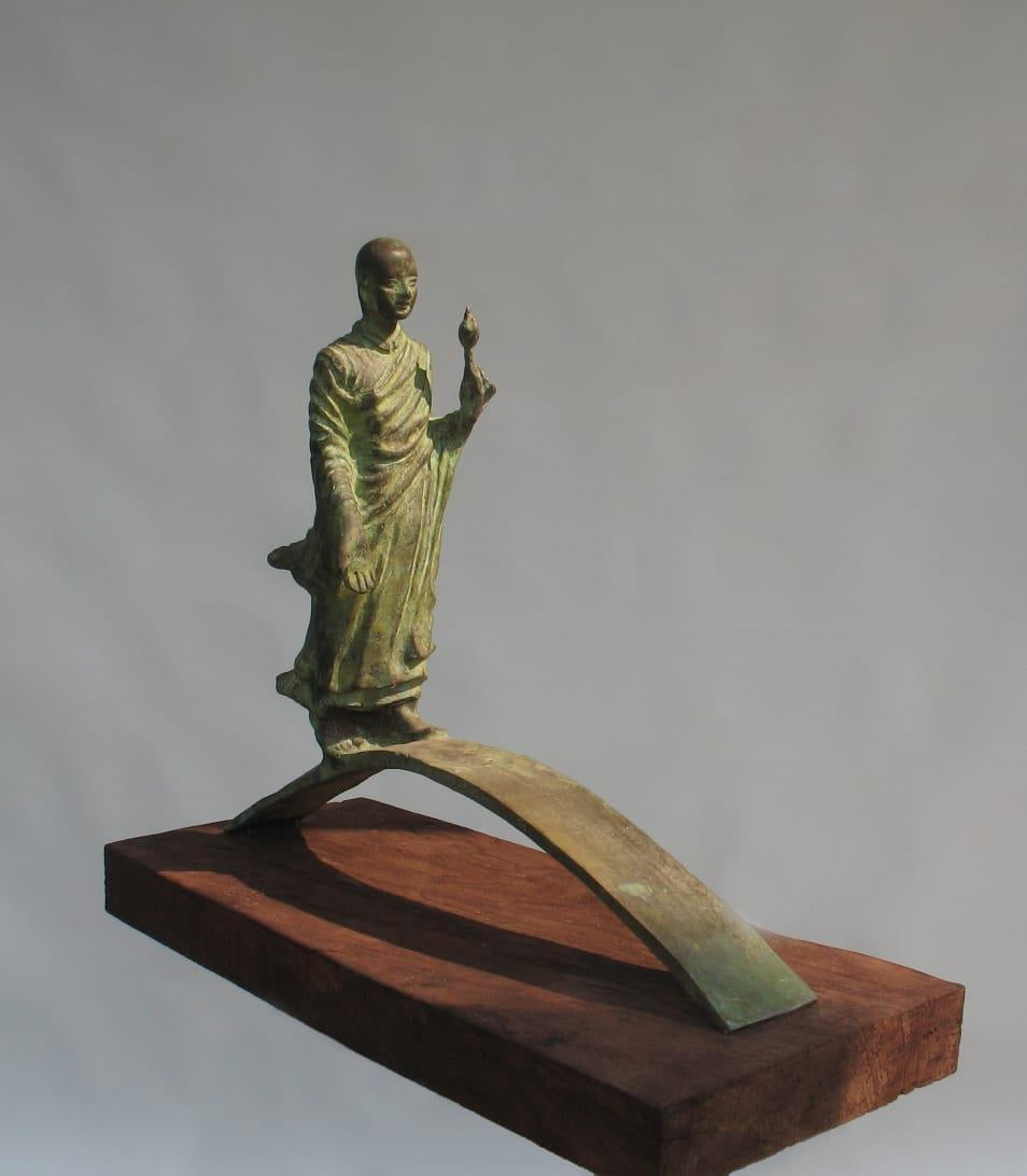 Monk' religious Brass, Metal sculpture by artist Rohan Sonavane, 21x26 inch, on brass, metal
