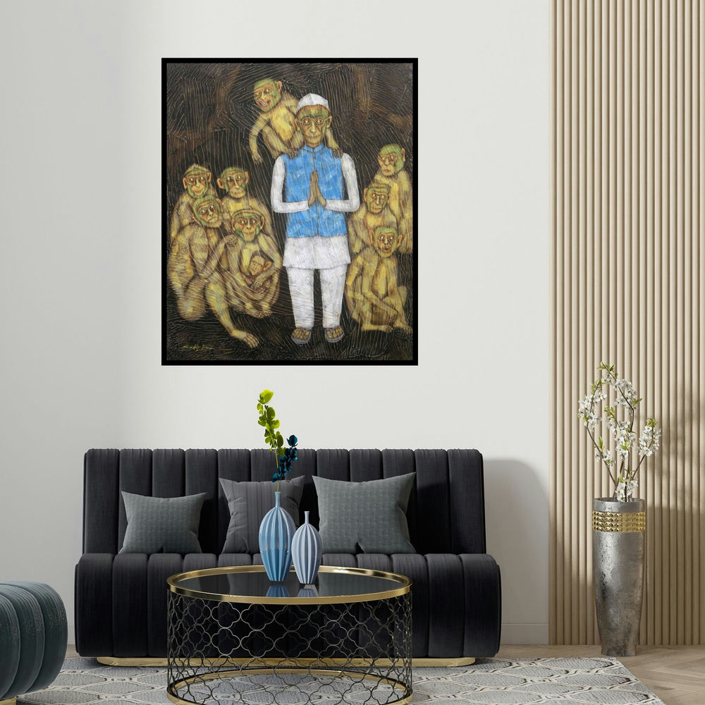 Sudip Das's 'Monkey Whoops' painting visualized above a sofa in a contemporary room.
