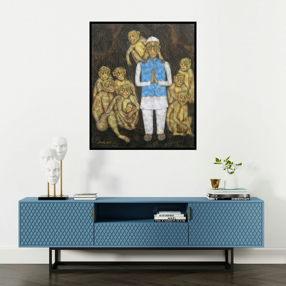 'Monkey Whoops' painting by Sudip Das shown on a wall in a furnished room.