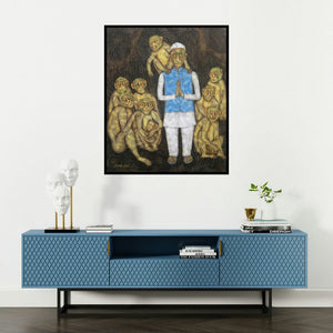 'Monkey Whoops' painting by Sudip Das shown on a wall in a furnished room.