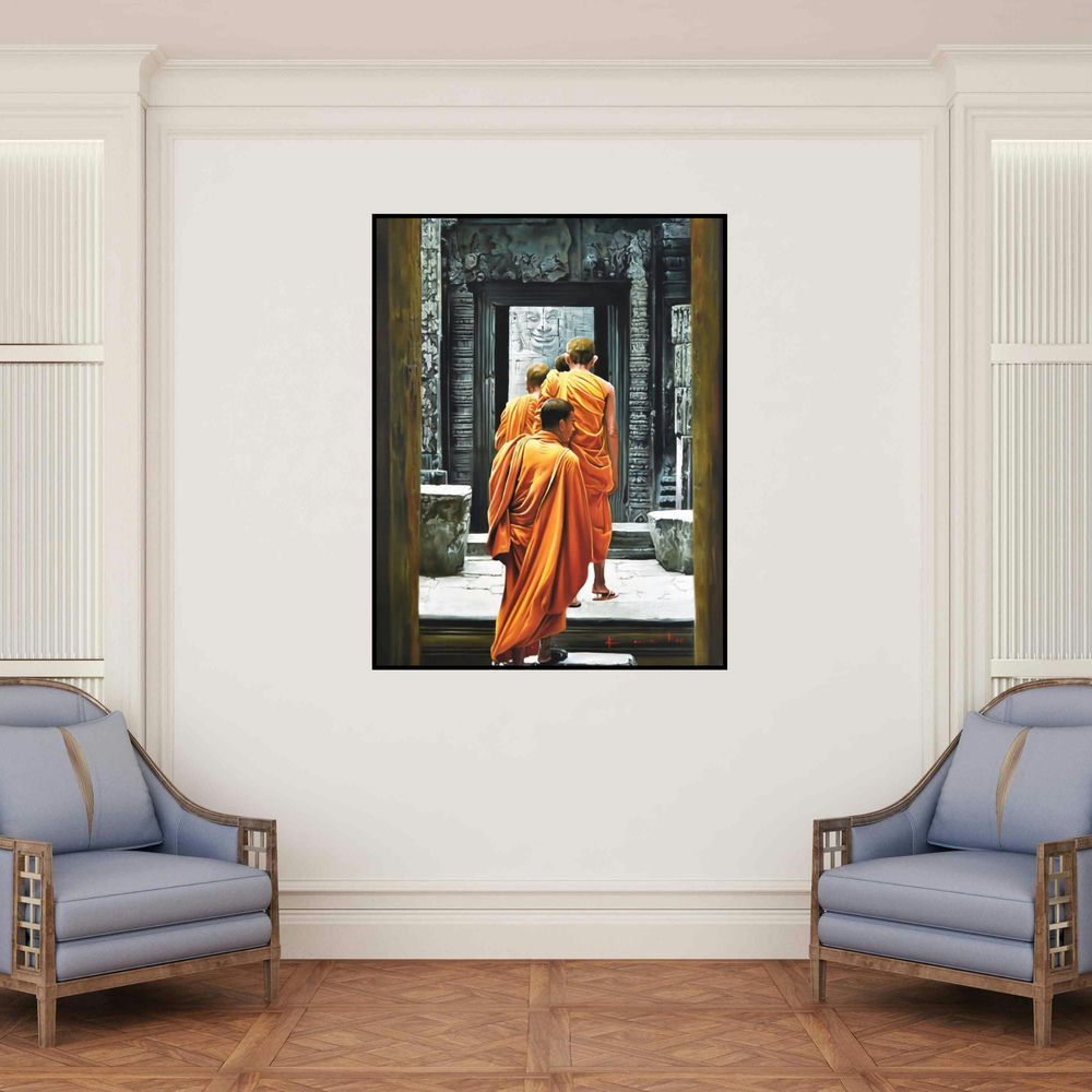 'Monks' painting by Kamal Rao shown on a wall in a furnished room.