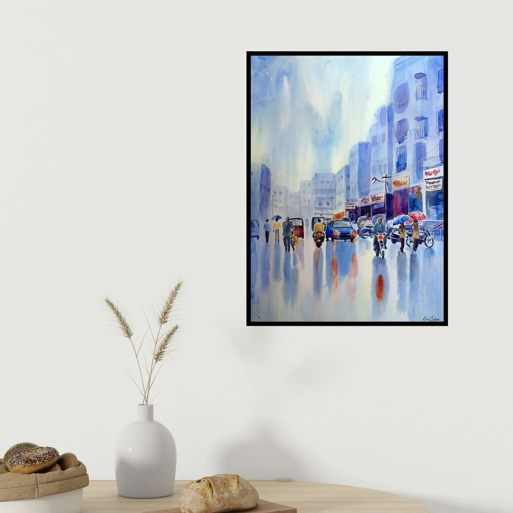 Rahul Salve's 'Monsoon (Reflections After the Rain)' painting visualized above a sofa in a contemporary room.