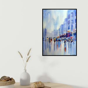 Rahul Salve's 'Monsoon (Reflections After the Rain)' painting visualized above a sofa in a contemporary room.