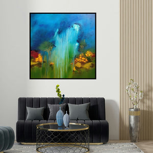 Sanjay Dhawale's 'Monsoon (Blue Horizon)' painting visualized above a sofa in a contemporary room.