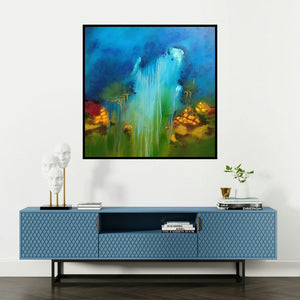 'Monsoon (Blue Horizon)' painting by Sanjay Dhawale shown on a wall in a furnished room.