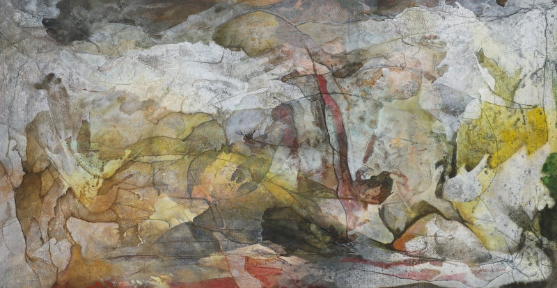 Monsoon Fossil' contemporary mixed-media painting by artist Naresh Soni, 43x81 inch, on canvas