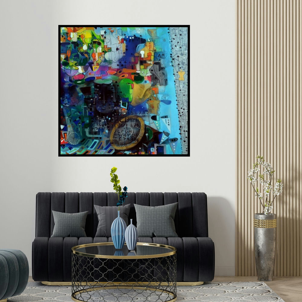 Madan Lal's 'Monsoon I (Untitled)' painting visualized above a sofa in a contemporary room.