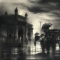Cityscape charcoal drawing titled 'Monsoon In Mumbai', 15x20 inches, by artist Ajay De on Paper