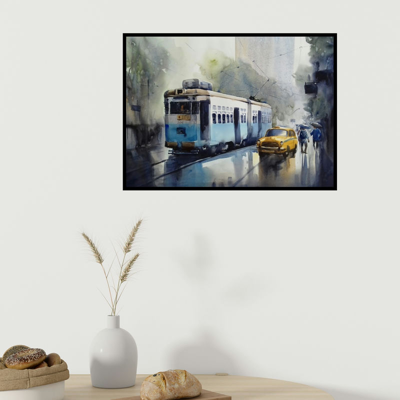 In-situ view of Sankar Das's 'Monsoon Kolkata 2' painting in a room