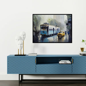 Preview of 'Monsoon Kolkata 2' Painting by Sankar Das shown on a wall in a furnished room.