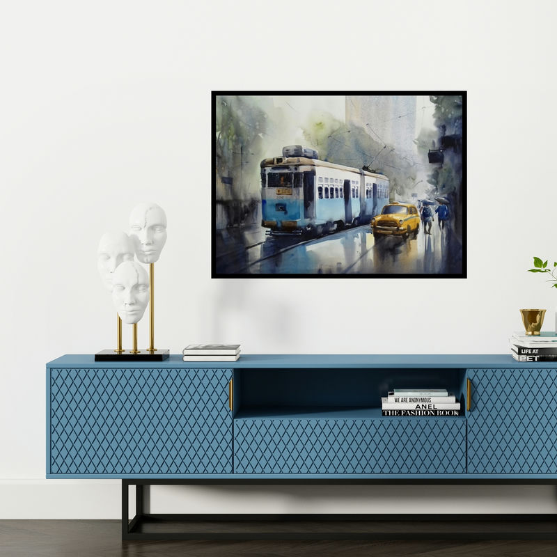 Preview of 'Monsoon Kolkata 2' Painting by Sankar Das shown on a wall in a furnished room.