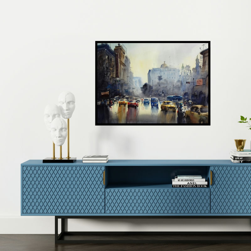 Preview of 'Monsoon Kolkata 3' Painting by Sankar Das shown on a wall in a furnished room.