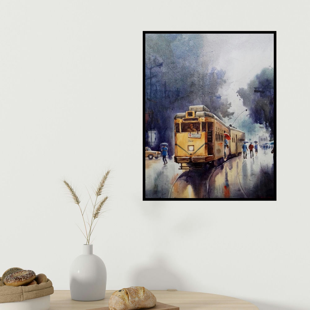 Sankar Das's 'Monsoon Kolkata 5 (A Rainy Day in Kolkata)' painting visualized above a sofa in a contemporary room.